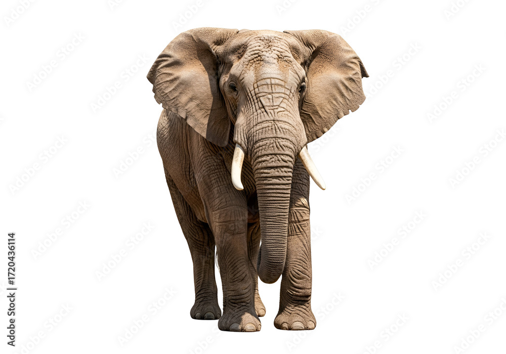 Fototapeta premium Powerful and majestic elephant centered against a stark black background, showcasing its intricate details and imposing presence.