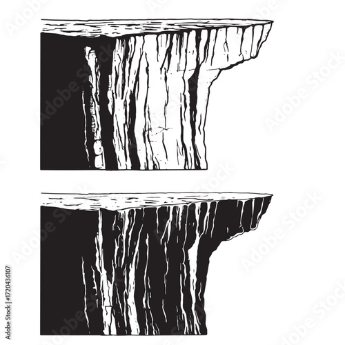 Black and white cliff edges illustration depicting rugged landscapes and natural rock formations