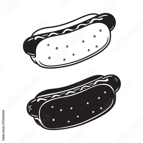 Black and white illustration of two delicious hot dogs in a simple vector style