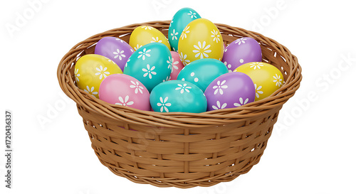 A woven basket filled with colorful easter eggs isolated on white background