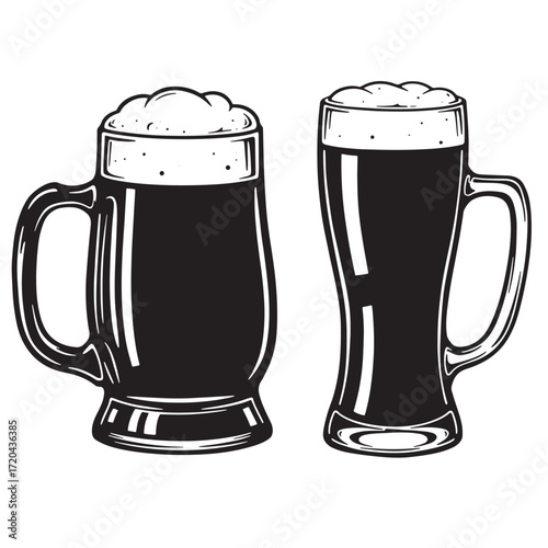 Black and white illustration of two filled beer mugs with thick foamy lids