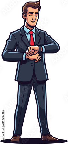 Cartoon businessman checking watch, formal suit man, punctual professional, time management concept, office worker, corporate lifestyle, vector illustration, business character design