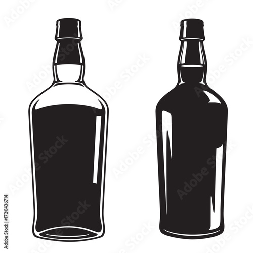 Black and white vector illustration of two whiskey bottles with detailed outline