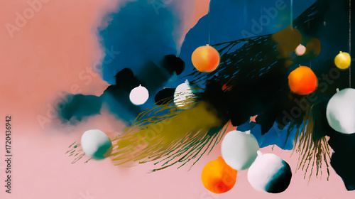 Abstract Christmas ornaments on a pine tree branch. An abstract painting of New Year ornaments hanging against a backdrop of colorful brushstrokes, creating a festive and artistic scene. Winter decor.