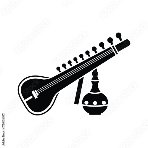 Black silhouette of a Sitar Indian classical musical instrument with gourd resonator and strings on a white background