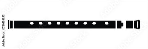 Black silhouette of a recorder musical instrument with finger holes on a white background woodwind