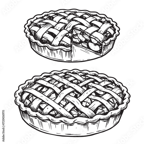 Delicious apple pie with lattice crust hand drawn black and white illustration
