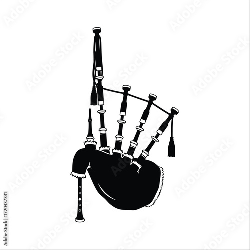 Black silhouette of Scottish bagpipes with bag, drones, and chanter on a white background musical instrument