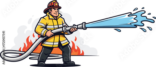 Firefighter spraying water illustration, yellow protective jacket with reflective stripes, red helmet, flames and smoke background, vector cartoon character, emergency fire safety scene