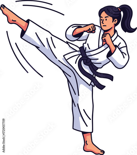 Martial arts high kick illustration, black belt karate pose, powerful movement, white gi uniform, vector cartoon character, sports discipline, self‑defense training scene