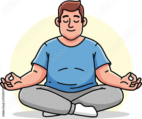 Meditation pose illustration, person sitting cross‑legged, mindfulness practice scene, blue shirt, yellow glow background, vector cartoon character, relaxation, peaceful mental health activity
