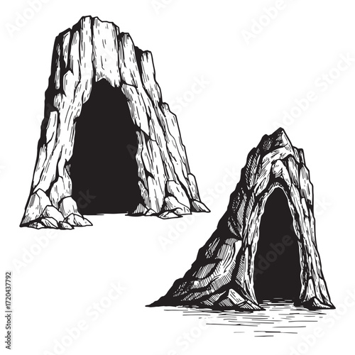 Hand drawn illustration of two stylized caves in a monochrome engraving style on white background