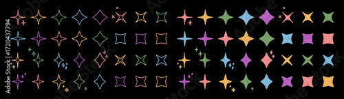 Festive chalk firework star burst set in graphic outline forms on black. Magic sparkle symbol collection for party decor. Playful burst and star shape design brighten any black background.