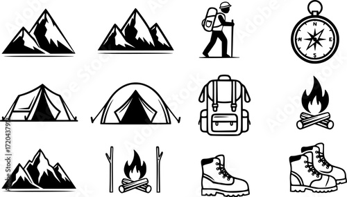 Mountains icon vector set. hike, travel illustration sign collection. camping symbol.
