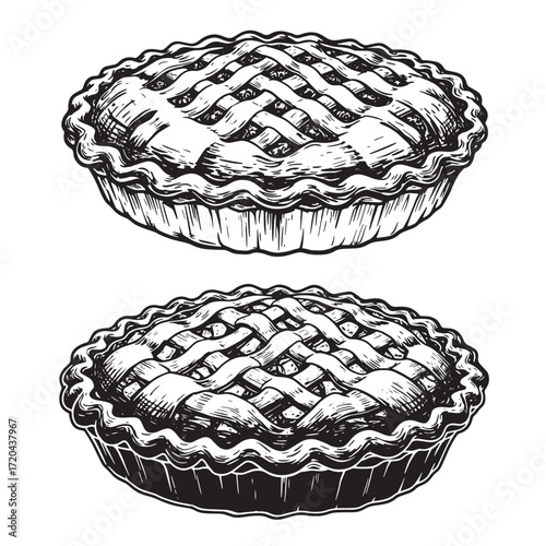 Hand drawn ink illustration of two delicious pies featuring lattice crust design