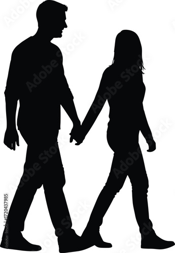 Silhouette of two people walking hand in hand illustration, casual clothing, vector minimal black figures, companionship and relationship scene, human interaction concept