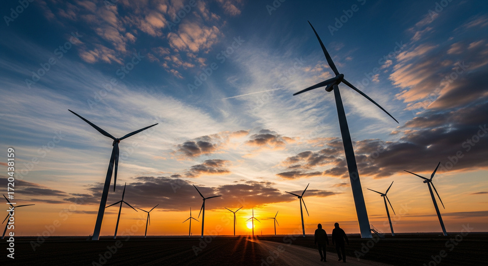 Obraz premium A powerful landscape shot of wind turbines at sunset, with silhouetted figures highlighting scale and progress.