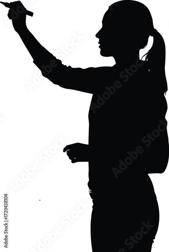 Silhouette person writing on board, marker in hand, teaching presentation pose, professional trainer, brainstorming session, educational worker, vector illustration, black silhouette design