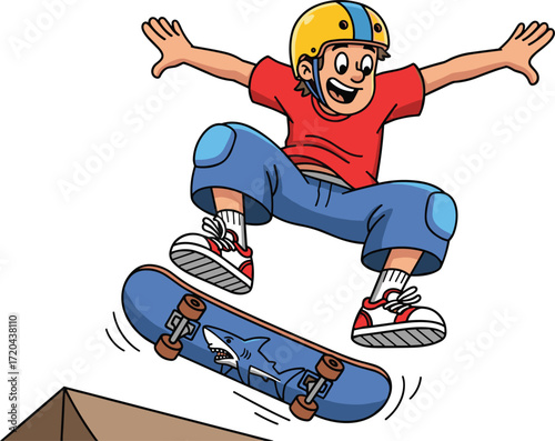 Skateboard trick illustration, dynamic mid‑air action scene, yellow helmet, shark design board, vector cartoon character, extreme sports performance, outdoor skate ramp jump