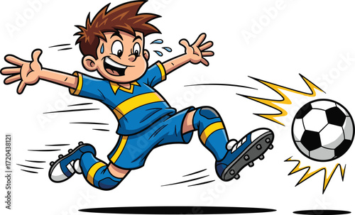 Soccer player kicking ball illustration, energetic sports action scene, smiling boy in blue uniform, motion lines impact, vector cartoon character, football game play