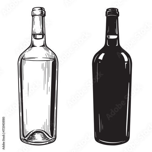 Hand-drawn illustration showcasing two elegant wine bottles in contrasting styles for creative projects