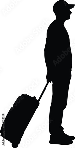 Traveler silhouette illustration, person standing with wheeled suitcase, casual clothing and cap, vector minimal black figure, travel and transit concept scene