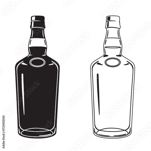 Silhouette illustrations of two bourbon whiskey bottles in black and white vector format
