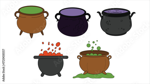 Set of Witches' Cauldrons with Bubbling Potions. Spooky Vector Illustrations for Halloween, Magic, and Potion-Themed Designs.
