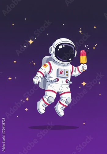 Astronaut eating ice cream in space with stars and nebulae