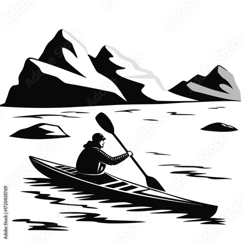 Kayaker paddling near icebergs silhouette