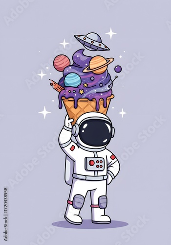 Astronaut Holding Space Ice Cream Cone with Planets and UFO