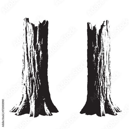 Two detailed black and white silhouettes of tree stumps on a clean white background