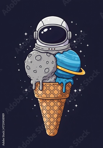 Astronaut Ice Cream Cone with Planets and Moon in Space