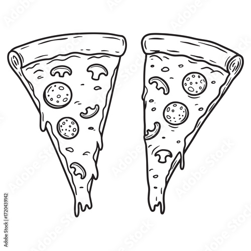Two pizza slices with pepperoni mushrooms and cheese in black and white outline