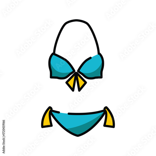 A blue and yellow bikini with a halter top and tie sides