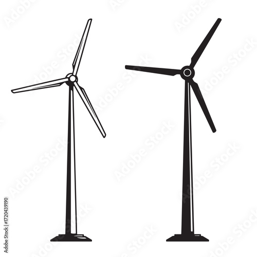 Two wind turbines silhouette illustrations depicting sustainable clean energy and renewable power