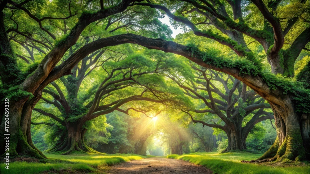 Naklejka premium A serene forest landscape with a massive tree stretching towards the open sky, its branches forming a natural archway amidst lush greenery and vibrant foliage , archway, head in sky