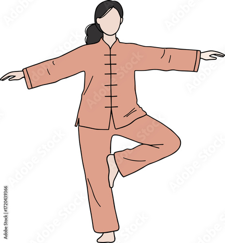 Woman practicing Tai Chi in flat style with outline on transparent background  