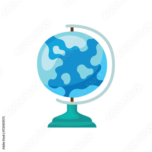 A blue globe with continents stands on a turquoise base