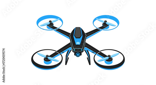 Isometric Drone Illustration with Blue Accents on White Background