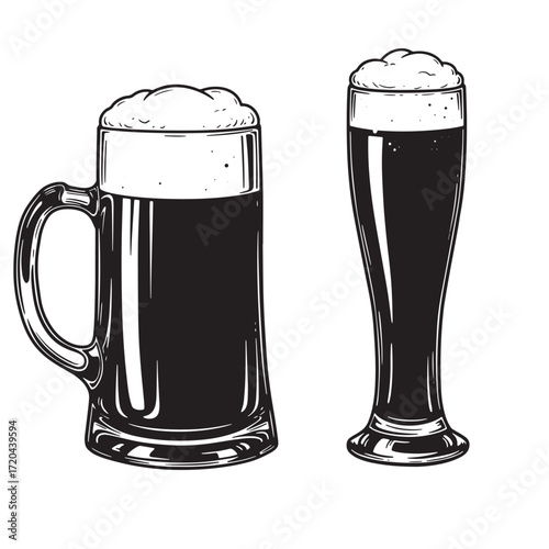 Vintage black and white illustration of a beer mug and pint glass with frothy foam