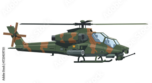Camouflaged Military Attack Helicopter Isolated on White Background