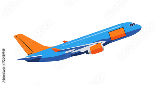 Stylized Illustration of a Blue and Orange Passenger Airplane Taking Off, Isolated on White