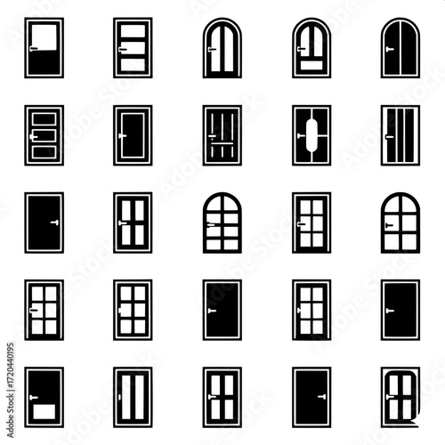 Architectural Elements Icons
"Vector illustration of twenty-one different black door designs arranged in a grid. Each design shows variation in panels, glass inserts, arched tops, and handles. Flat si