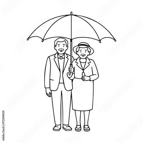 Charming older couple sheltering under an umbrella, a timeless symbol of love, companionship and enduring commitment, perfect for heartwarming designs