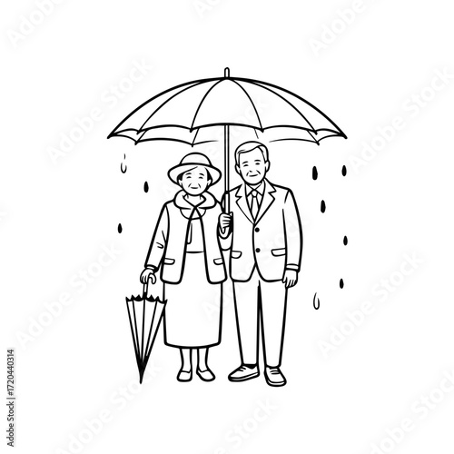 Charming line art drawing of a senior couple sheltering under an umbrella in the rain, perfect for heartwarming family themes and nostalgic designs