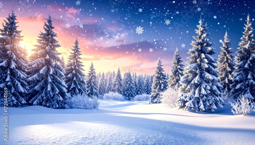 A winter landscape with snow-covered evergreens and a vibrant sunset sky, snowflakes falling, creating a serene and festive scene
