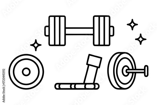 Minimal Line Art Fitness and Gym Equipment Icons Vector on White Background