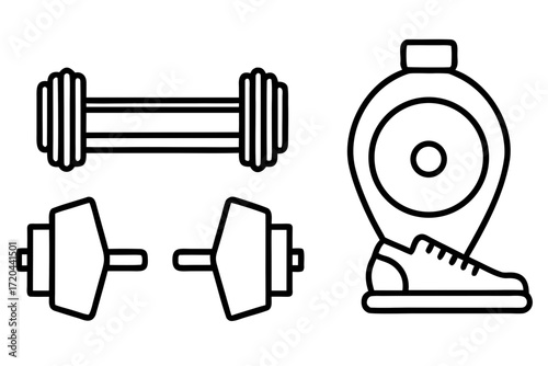Minimal Line Art Fitness and Gym Equipment Icons Vector on White Background