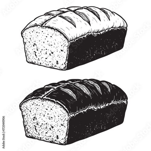 Artistic hand drawn illustration of two loaves of bread in black and white